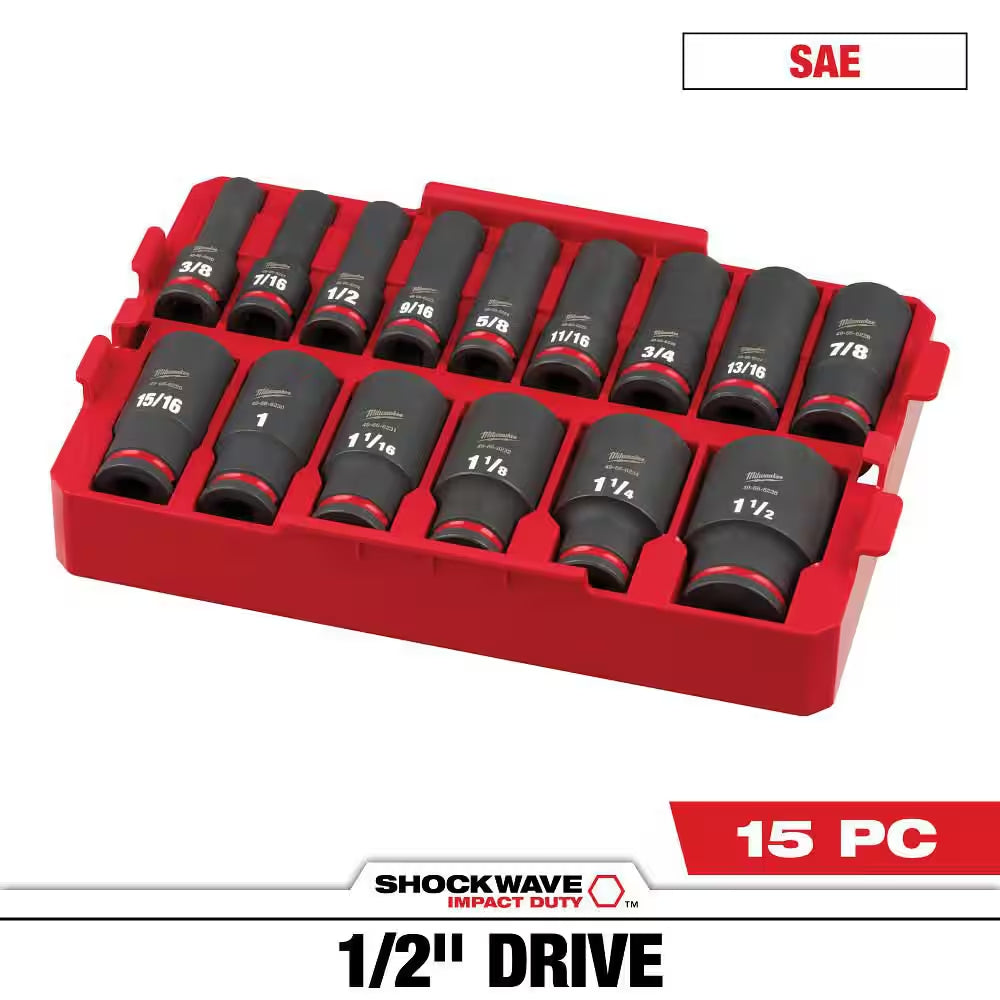 SHOCKWAVE Impact-Duty 1/2 In. Drive SAE Deep Well Impact Socket Set (15-Piece)