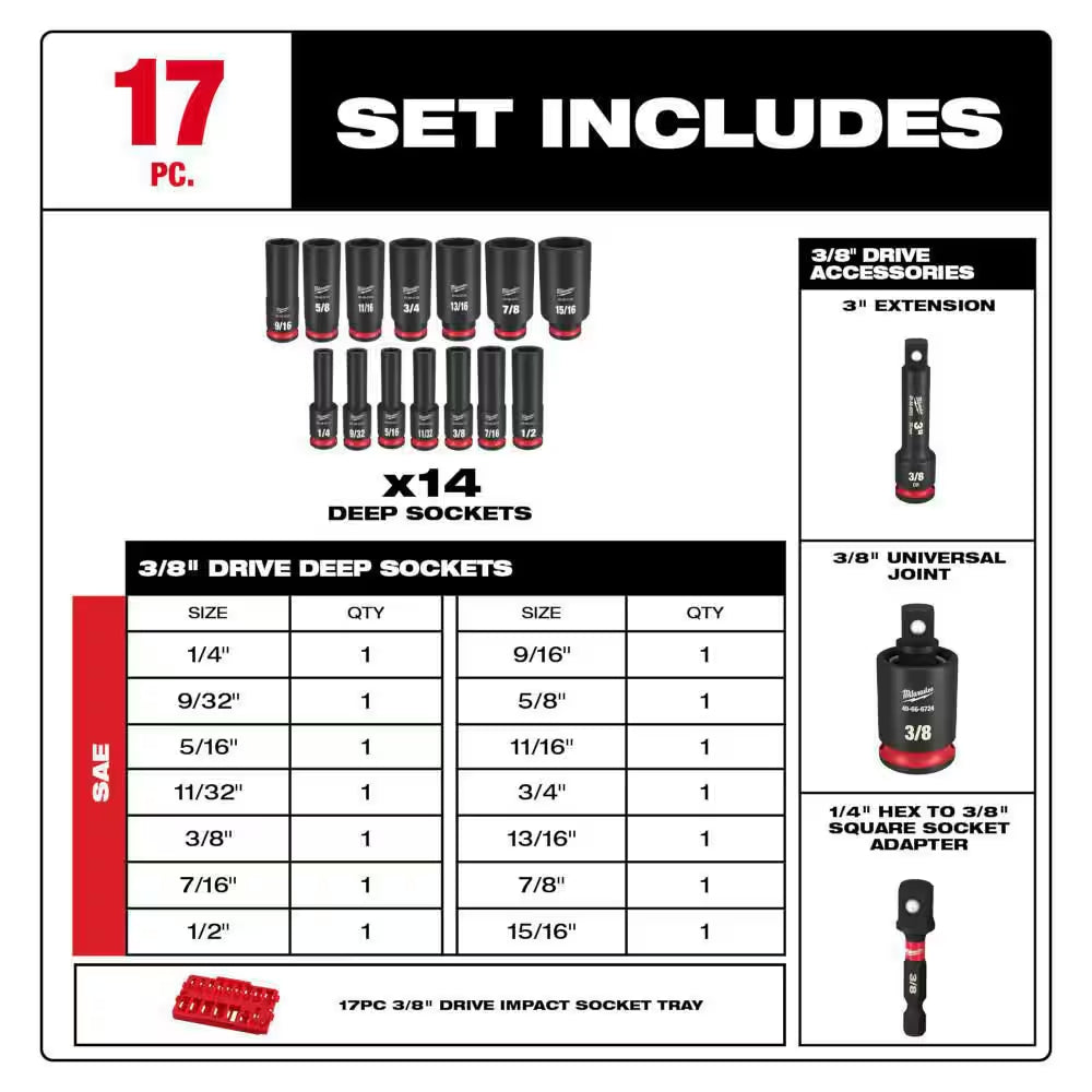 SHOCKWAVE Impact-Duty 3/8 In. Drive SAE Deep Well Impact Socket Set (17-Piece)