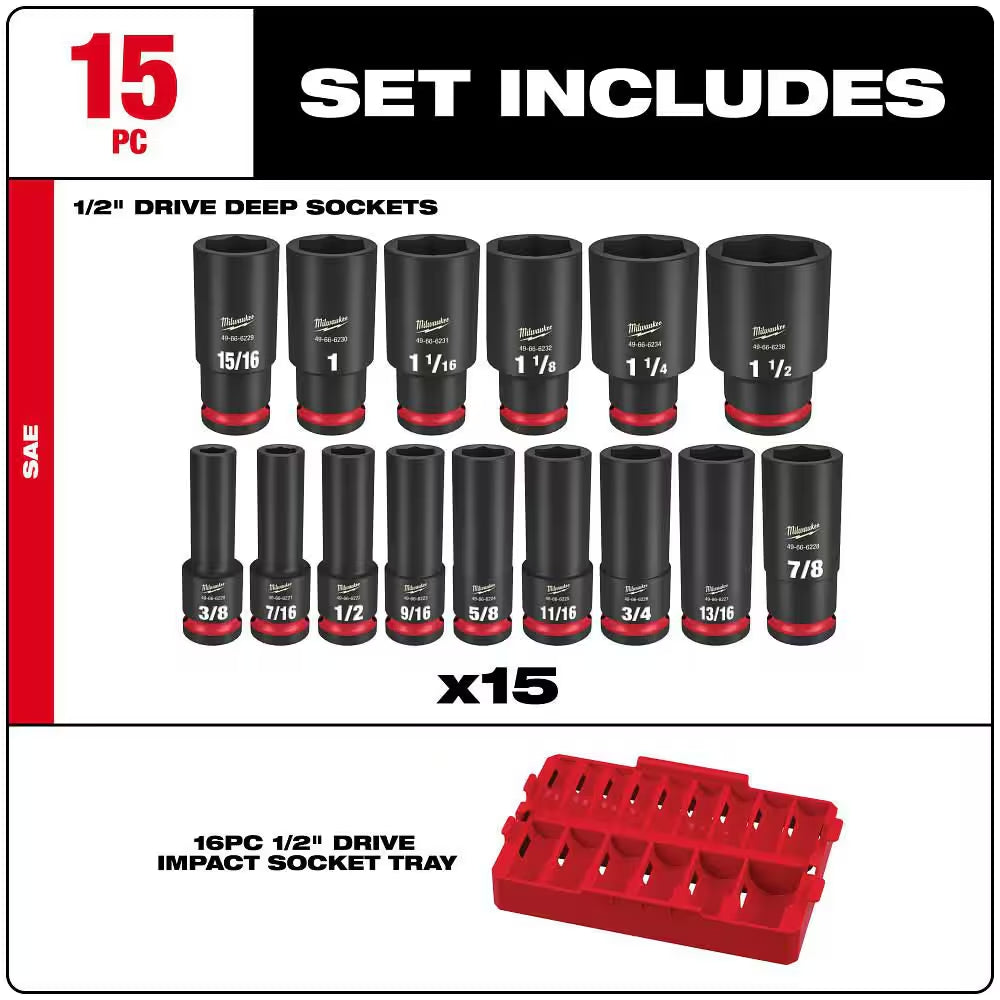 SHOCKWAVE Impact-Duty 1/2 In. Drive SAE Deep Well Impact Socket Set (15-Piece)