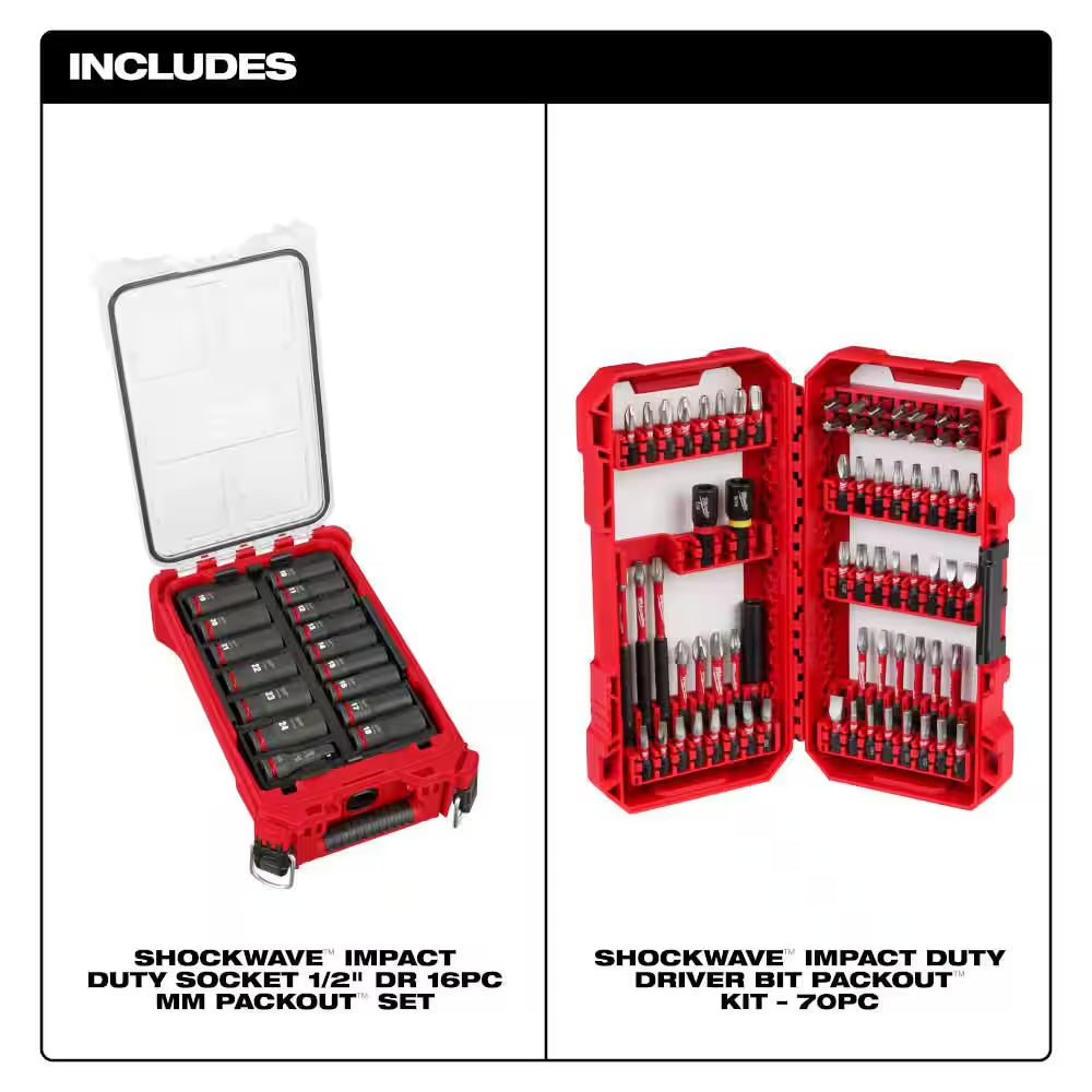 SHOCKWAVE 1/2 In. Drive Metric Deep Well PACKOUT Impact Socket Set & Screw Driver Bits W/Packout Case (86-Piece)