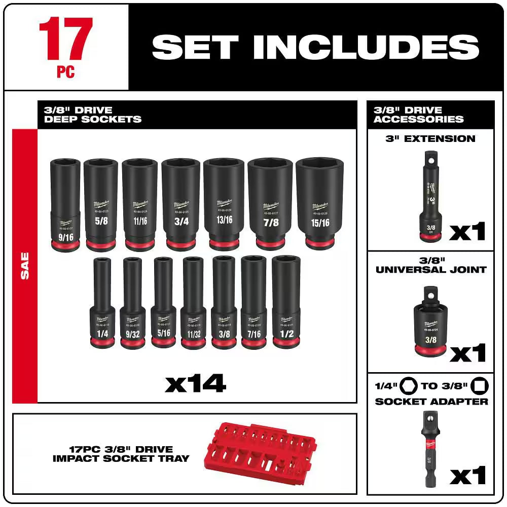 SHOCKWAVE Impact-Duty 3/8 In. Drive SAE Deep Well Impact Socket Set (17-Piece)