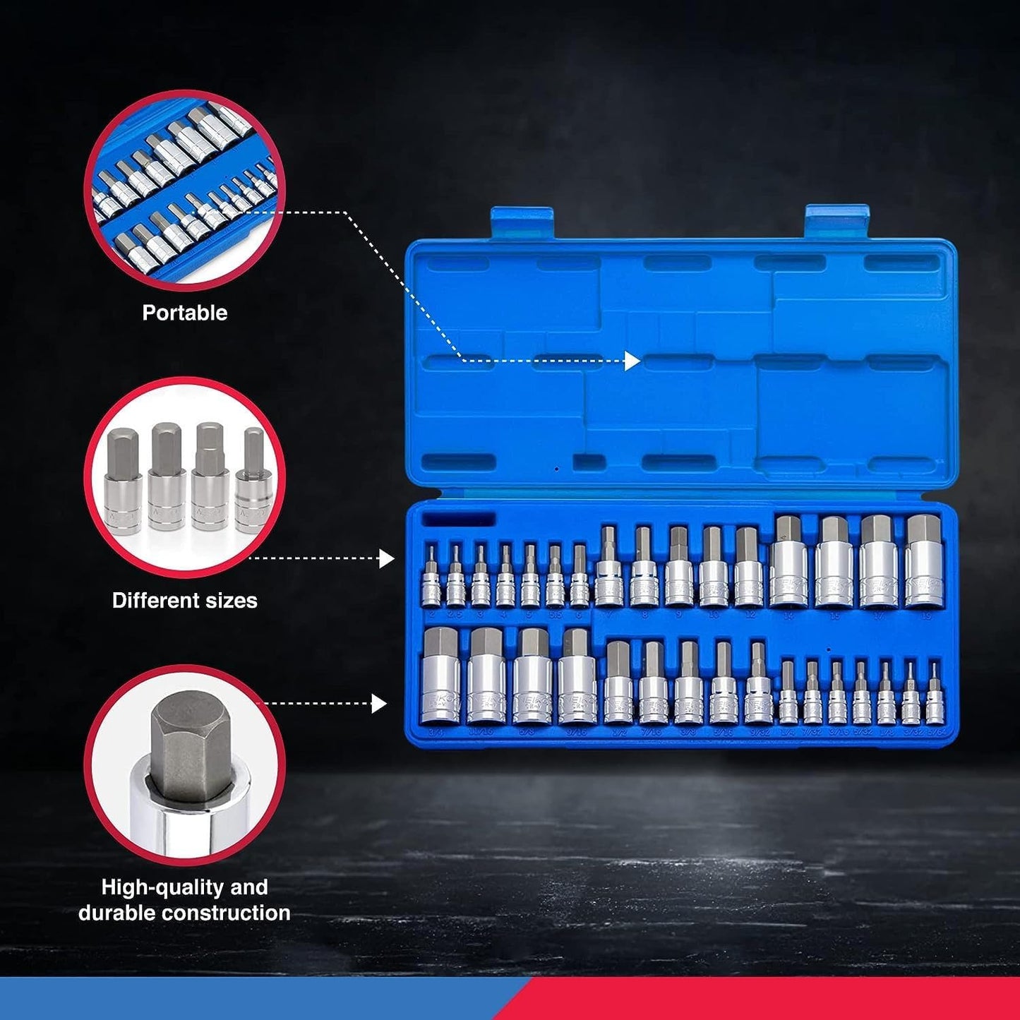 10288A 32-Piece Allen Hex Bit Socket Set - SAE and Metric Sizes, Crafted from Durable S2 Steel