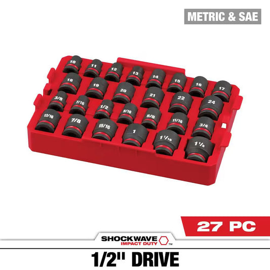 SHOCKWAVE Impact-Duty 1/2 In. Drive Metric and SAE Standard Impact Socket Set (27-Piece)