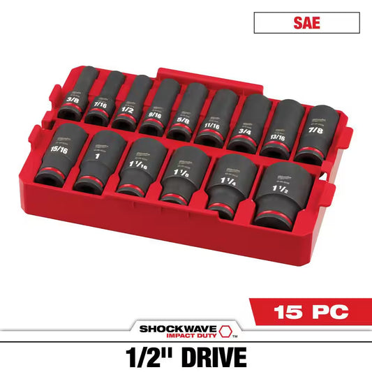 SHOCKWAVE Impact-Duty 1/2 In. Drive SAE Deep Well Impact Socket Set (15-Piece)