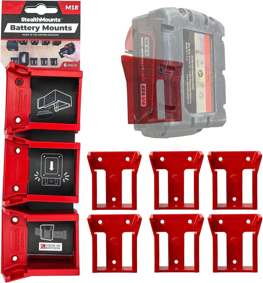 Battery Holder Compatible with Milwaukee M18 (6 Pack) - Red |  Battery Mounts | Made in the UK